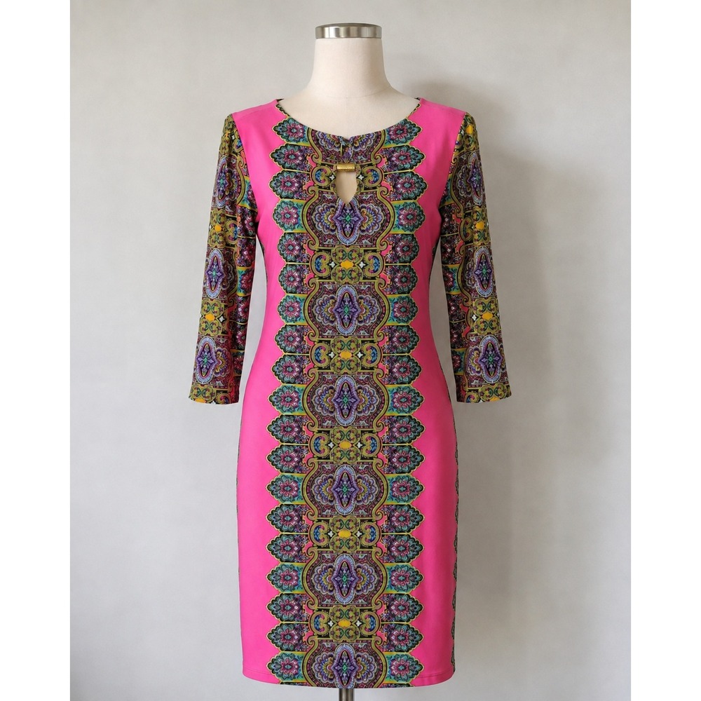 Emma & Michele Tunic Dress Women's Large Pink Paisley 3/4 Sleeve Keyhole Neck